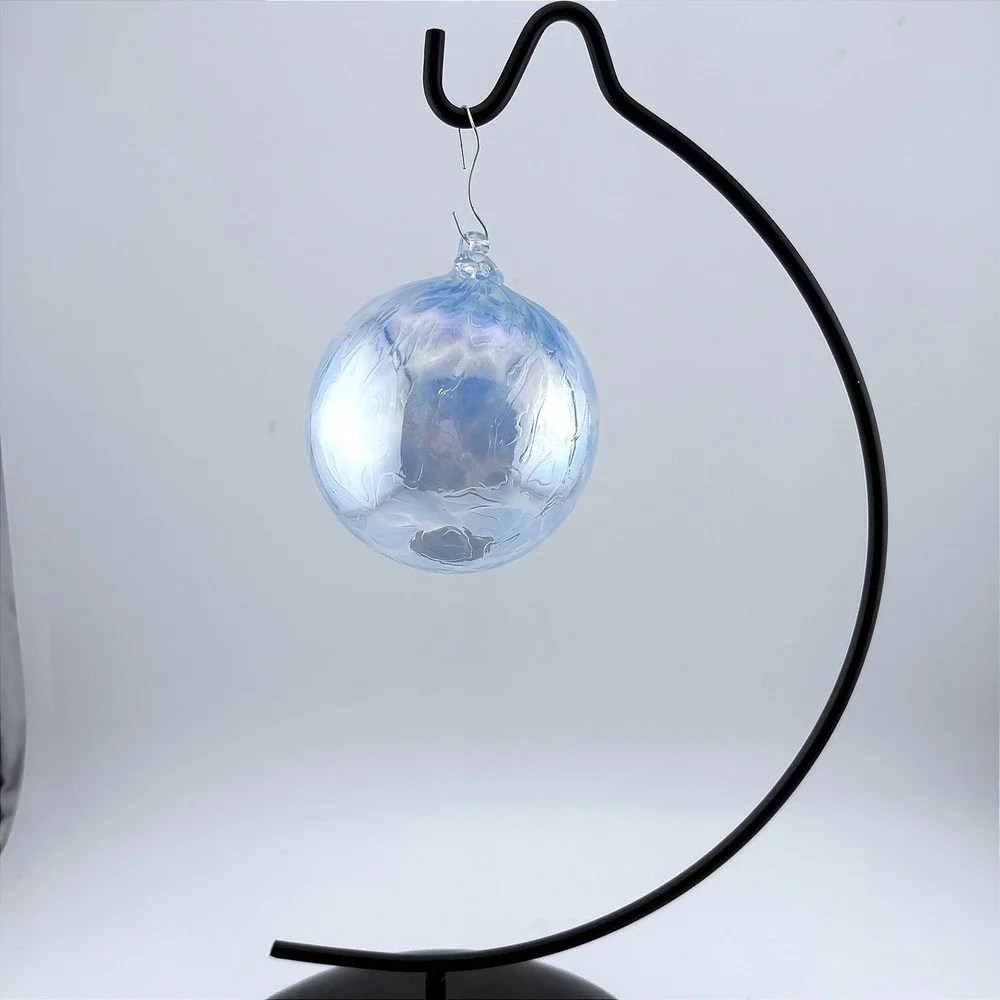 Hand Blown Glass  Ball Iridescent Blue Swirl Spirit Ball Ornament 4 inch